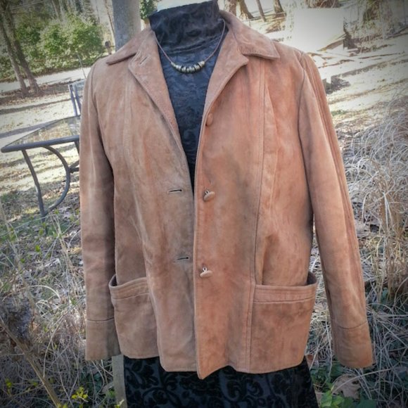 Vintage light brown distressed soft suede jacket 2 LG front patch pockets - Picture 1 of 8